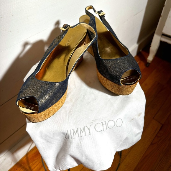 Jimmy Choo Platforms Denim Shimmer with Gold Accents - Picture 1 of 6